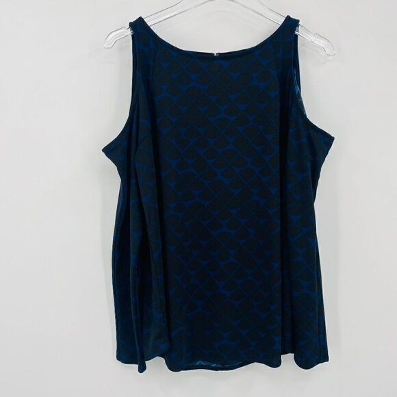 Ann Taylor Sz Medium Blue Black Geometric Print Long Sleeve Cold Shoulder Blouse - Picture 1 of 9